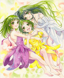  3girls acrylic_paint_(medium) bad_id bad_pixiv_id bare_shoulders barefoot choker dress feet graphite_(medium) green_hair legs long_hair lying multiple_girls on_back on_side original painting_(medium) short_hair smile toyoda_izumi traditional_media watercolor_(medium) 