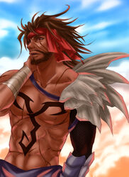  1boy abs applemac armor bandages bandana beard brown_eyes brown_hair chest_tattoo cloud commentary_request dark-skinned_male dark_skin dissidia_final_fantasy facial_hair final_fantasy final_fantasy_x headband highres jecht male_focus moustache muscular photoshop_(medium) red_eyes rubbing_neck scar single_bare_arm sky solo tattoo topless_male 