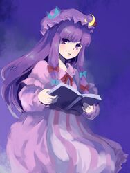  blunt_bangs book commentary_request crescent crescent_hat_ornament female hair_ribbon hat hat_ornament hko long_hair patchouli_knowledge purple_eyes purple_hair purple_theme reading ribbon solo touhou 