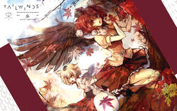  2girls alice&#039;s_emotion autumn black_wings cis_(carcharias) hat highres inubashiri_momiji multiple_girls photoshop_(medium) shameimaru_aya shield tokin_hat touhou wings 