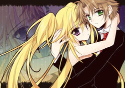  1boy asti brown_hair commentary_request couple dress female green_eyes hoshina_utau hug long_hair necktie photoshop_(medium) purple_eyes short_hair shugo_chara! souma_kuukai straight twintails 