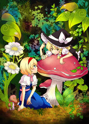  2girls alice_margatroid analog_clock blonde_hair clock commentary_request flower hand_on_ground highres holding holding_pocket_watch kawasemi_(pocorit) kirisame_marisa leaf lying lying_on_mushroom mini_person minigirl multiple_girls mushroom nature on_mushroom on_stomach photoshop_(medium) pocket_watch sitting touhou watch white_flower yokozuwari 