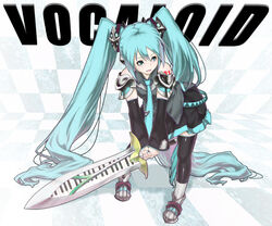  aqua_eyes aqua_hair bad_id bad_pixiv_id boots detached_sleeves female hatsune_miku legs long_hair niccohudou photoshop_(medium) skirt solo sword thighhighs twintails very_long_hair vocaloid weapon 