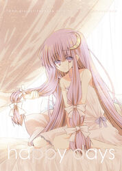  2010 commentary_request cover crescent crescent_hair_ornament english_text female hair_ornament hair_ribbon kneeling kokono_coco long_hair looking_at_viewer nightgown no_headwear pale_color patchouli_knowledge photoshop_(medium) pink_theme purple_hair ribbon solo touhou 