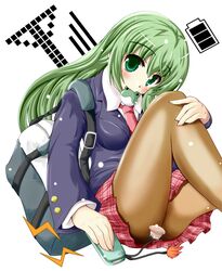  bag battery battery_indicator black_pantyhose blazer cellphone cellphone_radio_bar commentary_request electricity female flip_phone frog green_eyes green_hair hiiragi_tomoka jacket kochiya_sanae long_hair necktie pantyhose phone plaid plaid_skirt pyonta school_bag school_uniform skirt solo thighs touhou ufo uniform 