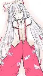  bad_id bad_pixiv_id bow closed_eyes female fujiwara_no_mokou hair_ribbon hairbow hands_in_pockets happy haruno_tomoya head_tilt ribbon smile solo suspenders touhou white_hair 