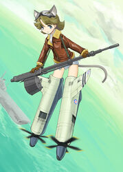  aircraft_carrier animal_ears blue_eyes brown_hair commentary_request drum_magazine female gloves goggles gun hawker_sea_fury jacket leather leather_jacket machine_gun magazine_(weapon) md5_mismatch military military_vehicle original photoshop_(medium) resolution_mismatch ship solo source_larger striker_unit tail ugai_yuichi warship watercraft weapon world_witches_series 