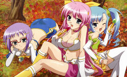  3girls absurdres breasts chouhou choukaku chouryou_(renhou) cleavage glasses highres hiratsuka_tomoya koihime_musou medium_breasts multiple_girls official_art one_eye_closed photoshop_(medium) siblings sisters thighhighs 