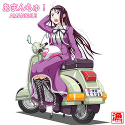  amanchu! arm_behind_head arm_up asaruton blue_eyes boots cellphone commentary_request copyright_name cross-laced_footwear female hairband helmet highres lace-up_boots long_hair motor_vehicle on_scooter ooki_futaba open_mouth phone purple_hair ribbon school_uniform scooter signature sitting solo translated very_long_hair vespa vespa_p-series 