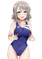  ass_visible_through_thighs bare_shoulders blue_eyes blue_one-piece_swimsuit blush breast_poke breasts collarbone commentary_request competition_swimsuit covered_navel cowboy_shot female grabbing_own_breast grey_hair hair_between_eyes large_breasts looking_at_viewer love_live! love_live!_sunshine!! miel_(lessontome) nipple_rub nipple_stimulation one-piece_swimsuit open_mouth photoshop_(medium) poking poking_self short_hair simple_background smile solo swimsuit teeth thigh_gap upper_teeth_only watanabe_you wet white_background 