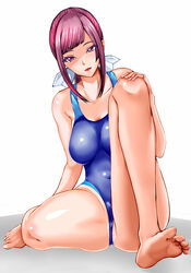  :d ass bad_id bad_pixiv_id bare_shoulders barefoot breasts commentary_request competition_swimsuit covered_navel feet female hair_ribbon highres long_hair looking_at_viewer one-piece_swimsuit open_mouth original purple_eyes purple_hair ribbon shima-shuu sitting smile solo swimsuit 