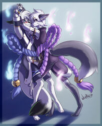  2014 akukun anthro arctic_fox arm_grab arms_above_head asian_clothing asian_mythology black_body black_fur blue_eyes blush canid canine clothing duo east_asian_clothing east_asian_mythology femboy fennec_fox fire fox fox_spirit fur gradient_background japanese_clothing kimono lehran male male/male mammal mythology purple_eyes romantic romantic_ambiance romantic_couple seductive simple_background smile smirk true_fox white_body white_fur whitephox 