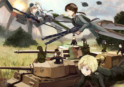  6+girls assault_rifle brown_hair commentary_request creator_connection crossover erica_hartmann fire flying g3a3_(upotte!!) gertrud_barkhorn girls_und_panzer gun h&amp;k_hk33 h&amp;k_hk53 hanna_rudel hk33e_(upotte!!) hk53_(upotte!!) itsumi_erika jagdpanther kanokoga kojima_emi kuromorimine_military_uniform machine_gun mg42 military military_uniform military_vehicle motor_vehicle multiple_girls neuroi nishizumi_maho photoshop_(medium) rifle smoke strike_witches strike_witches:_suomus_misfits_squadron striker_unit tank tank_destroyer tiger_i tiger_ii uniform upotte!! war weapon world_witches_series 