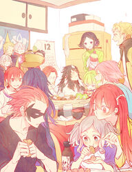  6+boys 6+girls ^_^ a082 ahoge alternate_costume animal_ears animal_print arm_up bear_print black_eyes black_hair blonde_hair blue_eyes blue_hair blunt_bangs blush bottle bowl brady_(fire_emblem) brown_hair cabinet calendar_(object) chopsticks closed_eyes commentary_request contemporary cup cynthia_(fire_emblem) dual_persona eating fire_emblem fire_emblem_awakening food from_behind fur gerome_(fire_emblem) glasses gloves green_hair grey_hair hair_between_eyes hair_intakes happy head_on_head head_rest height_difference holding hood hooded_jacket indoors inigo_(fire_emblem) jacket kjelle_(fire_emblem) kotatsu ladle laurent_(fire_emblem) long_hair long_sleeves lucina_(fire_emblem) male_playboy_bunny mask morgan_(female)_(fire_emblem) morgan_(fire_emblem) multicolored_hair multiple_boys multiple_girls nah_(fire_emblem) noire_(fire_emblem) open_mouth owain_(fire_emblem) parted_bangs pectorals pink_hair pointy_ears red_eyes red_hair robin_(fire_emblem) robin_(male)_(fire_emblem) severa_(fire_emblem) shirt short_hair short_twintails sitting sleeveless sleeveless_shirt sleeves_rolled_up smile soup sweater swept_bangs table takoyaki twintails two-tone_hair white_hair wide_sleeves yarne_(fire_emblem) 