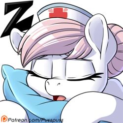  1:1 2017 alpha_channel closed_eyes clothing digital_media_(artwork) earth_pony equid equine eyelashes female friendship_is_magic hair hasbro hat headgear headwear horse mammal my_little_pony nurse_clothing nurse_hat nurse_headwear nurse_redheart open_mouth patreon patreon_logo pillow pink_hair pony pusspuss reaction_image simple_background sleeping solo text transparent_background url 