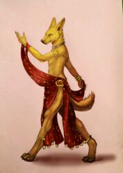  2018 amon_(rukis) anthro belly_dancer canid canine canis clothed clothing collar crossdressing digital_media_(artwork) ear_piercing fur golden_jackal jackal jewelry looking_at_viewer male mammal metal_collar piercing red_lantern sellon simple_background smile solo standing topless 