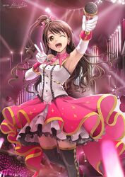  ;d absurdres armpits black_thighhighs bow brown_eyes brown_hair choker commentary_request earrings female floating_hair gloves hairbow high_ponytail highres hiroki_ree holding holding_microphone idol idolmaster idolmaster_cinderella_girls jewelry layered_skirt long_hair microphone one_eye_closed one_side_up open_mouth outstretched_arm pink_bow shimamura_uzuki signature skirt smile solo spotlight stage stage_of_magic_(idolmaster) standing striped striped_bow thighhighs v very_long_hair white_gloves 