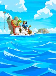  2boys absurdres bird black_hair blonde_hair blue_jacket blue_sky boat ciela cloud cover day facial_hair green_headwear green_tunic hat highres island jacket linebeck link looking_at_viewer moustache multiple_boys ocean official_art outdoors seagull shield shield_on_back short_hair sky ss_linebeck sword sword_on_back the_legend_of_zelda the_legend_of_zelda:_phantom_hourglass toon_link video_game_cover water watercraft waterfall weapon weapon_on_back 