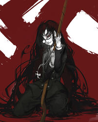  black_hair formal glasses gun hellsing long_hair lowres rifle rip_van_winkle sitting suit swastika weapon 