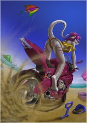  2018 anthro beach clothed clothing crossdressing darkdragon4 digital_media_(artwork) dragon draki duo dust_cloud ear_piercing femboy fisheye_lens full-length_portrait half-closed_eyes hi_res hnz kite looking_at_viewer looking_back low-angle_view male motorcycle mythological_creature mythological_scalie mythology narrowed_eyes nipples piercing portrait print raised_tail rear_view sand scalie sea seaside sky skyline smile solo_focus summer tail teeth vehicle water 