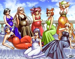  6+girls arms_behind_back arms_behind_head balcony bare_shoulders beret between_legs bianca_(pokemon) bianca_(pokemon_heroes) bishoujo_senshi_sailor_moon black_dress black_ribbon blonde_hair blue_dress blue_eyes blue_hair breasts brown_eyes brown_hair charlotte_hazellink cheria_barnes cleavage commentary dress english_commentary glasses green_dress green_eyes hair_ribbon hand_between_legs hand_on_own_chest hand_on_own_stomach hat jadenkaiba kris_(pokemon) large_breasts long_hair looking_at_viewer lying mizuno_ami multiple_girls one_eye_closed orange_dress pink_hair pokemon pokemon_(anime) pokemon_bw pokemon_bw2 pokemon_hgss pregnant princess_lover red_dress ribbon sailor_mercury sawaki_yuna shokugeki_no_souma short_hair sleeveless sleeveless_dress tadokoro_megumi tales_of_(series) tales_of_graces white_dress white_hair yellow_eyes 