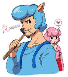  1boy :d animal_crossing animal_ears apron blue_hair blush_stickers commentary_request cyrus_(animal_crossing) female freckles grin hammer heart humanization husband_and_wife mappy_(manhole_opener) mouth_hold nail open_mouth photoshop_(medium) pink_hair pompadour reese_(animal_crossing) smile spoken_heart white_background 