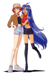  1990s_(style) 2girls ahoge arm_hug baseball_cap black_legwear blue_eyes blue_hair boots cacao_(lamune) casual clothes_writing dark-skinned_female dark_skin denim denim_shorts full_body hand_in_pocket hand_on_own_hip hat highres jacket leg_up long_hair looking_at_viewer midriff multiple_girls navel non-web_source official_art open_clothes open_jacket open_mouth parfait_(lamune) pencil_skirt photoshop_(medium) red_eyes red_hair retro_artstyle shoes short_hair shorts simple_background skirt sleeves_past_elbows smile sneakers standing thigh_boots thighhighs very_long_hair vs_knight_lamune_&amp;_40_fresh white_background white_footwear 