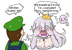  1boy boo_(mario) breasts commentary crown earrings elbow_gloves english_commentary english_text female ghost gloves jewelry large_breasts long_hair luigi luigi&#039;s_mansion mario_(series) md5_mismatch mini_crown necklace princess_king_boo shy simple_background super_crown tilted_headwear white_background white_hair wootsang 