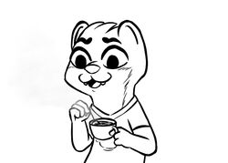  2017 anthro beverage black_and_white clothed clothing container cup disney fan_character holding_container holding_cup holding_object inkyfrog male mammal monochrome mustelid open_mouth open_smile otter simple_background smile solo tea tea_bag tea_cup white_background zootopia 