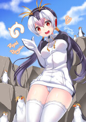  animal bird black_hair blush breasts character_name cloud commentary day female headphones highres jacket japari_symbol kemono_friends long_hair looking_at_viewer medium_breasts multicolored_hair open_mouth penguin red_eyes royal_penguin royal_penguin_(kemono_friends) shibi signature sky smile thighhighs turtleneck twintails twitter_username white_hair white_legwear 