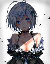  .live :3 antenna_hair bare_shoulders black_bow black_choker black_dress blue_eyes blue_hair bow breasts choker cleavage closed_mouth collarbone commentary_request dennou_shoujo_siro dolphin_pendant dress female flower frilled_dress frills gradient_background grey_background hair_flower hair_ornament jewelry juliet_sleeves large_breasts light long_sleeves looking_at_viewer pendant pink_lips pink_pupils puffy_sleeves short_hair smile solo swept_bangs virtual_youtuber white_flower yodare_(3yami8) 