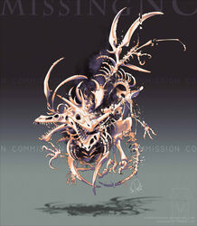  2016 aerodactyl animal_skeleton bone character_name claws commentary commission english_commentary english_text floating fossil full_body fusion ghost glitch gradient_background grey_background highres horns kabutops missingno. monster multiple_heads no_humans pokemon pokemon_(creature) pokemon_rgby pokemon_tower_ghost realistic shadeofshinon shadow signature skeleton spine teeth watermark web_address 