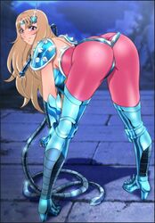  aquila_yuna armor ass back bent_over boots breastplate breasts brown_hair chameleon_june chameleon_june_(cosplay) circle cosplay elbow_gloves female fingerless_gloves gauntlets gloves green_footwear high_heels highres large_breasts long_hair looking_back pauldrons purple_eyes saint_seiya saint_seiya_omega shoes shoulder_armor shoulder_pads smile solo spandex spikes thigh_boots thighhighs tiara whip yadokari_genpachirou 