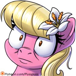  1:1 2017 accessory alpha_channel blonde_hair digital_media_(artwork) earth_pony equid equine eyelashes female flower flower_in_hair friendship_is_magic hair hair_accessory hasbro headshot_portrait horse icon lily_(mlp) long_hair mammal my_little_pony patreon patreon_logo plant pony portrait pusspuss reaction_image shocked simple_background solo text transparent_background url 