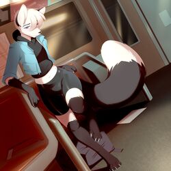  1:1 2014 4_toes akukun anthro arctic_fox barefoot black_body black_fur bottomwear bulge canid canine chair claws clothed clothing digital_media_(artwork) digitigrade door feet femboy fox fur furniture hair hi_res inside_train jacket leaning looking_at_viewer luggage male mammal midriff navel paper public public_transportation purple_eyes shirt shorts slyus smile solo standing toes topwear train true_fox vehicle white_body white_fur white_hair wide_hips window 