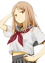  absurdres arm_up brown_eyes brown_hair closed_mouth commentary_request female grey_skirt hand_on_own_hip highres long_hair looking_at_viewer mercy_rabbit natsume_reiko natsume_yuujinchou neckerchief pleated_skirt red_neckerchief school_uniform serafuku sidelocks signature simple_background skirt solo upper_body white_background 