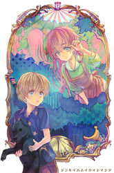  1boy ame_yamori blonde_hair blue_eyes canine commentary_request dress fairy_(jintai) female green_eyes jinrui_wa_suitai_shimashita joshu-san long_hair multiple_persona pink_hair short_hair watashi_(jintai) 