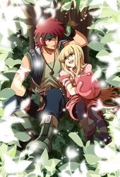  1boy agate_crosner belt black_legwear blonde_hair blue_eyes boots commentary_request couple eiyuu_densetsu female fingerless_gloves gloves grey_eyes hat headband highres jewelry leaf long_hair necklace pants pantyhose pink_shorts red_hair sellen shirt shorts sitting smile sora_no_kiseki spiked_hair straight tita_russell tree unworn_hat unworn_headwear 