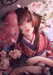  brown_eyes cherry_blossoms commentary female fish goldfish japanese_clothes kagura_(onmyoji) kimono lips looking_at_viewer looking_up obi onmyoji parted_lips petals photoshop_(medium) red_eyes sash solo umbrella vera_(vera_alexs) 