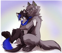  2014 anthro ass avoid_posting blue_nose canid canine canis domestic_dog duo eyewear fur hair heart_symbol hug husky keihound love male male/male mammal nordic_sled_dog nude open_mouth paws romantic romantic_ambiance romantic_couple scarf smile spitz wolf 