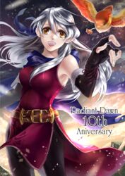  anniversary bad_id bad_pixiv_id bare_shoulders bird black_gloves black_legwear blue_scarf copyright_name cyaca_ab dress elbow_gloves fingerless_gloves fire_emblem fire_emblem:_akatsuki_no_megami gloves hair_ribbon half_updo long_hair micaiah open_mouth pantyhose ribbon scarf side_slit silver_hair sleeveless sleeveless_dress smile solo yellow_eyes yune 