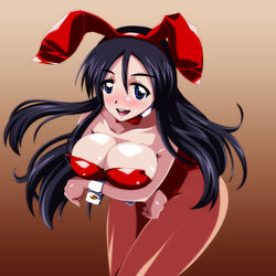  absurdres animal_ears ariyon bare_shoulders black_hair blue_eyes blush bow bowtie breast_hold breasts bunny_ears bunny_girl bunnysuit cleavage female highres jessica large_breasts long_hair looking_at_viewer open_mouth pantyhose simple_background smile standing wrist_cuffs zero_no_tsukaima 