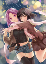  2girls :d black_hair black_legwear blurry blush bokeh breast_press breasts brown_skirt cardigan casual closed_eyes coat commentary_request couple cowboy_shot denim denim_shorts depth_of_field duffel_coat dutch_angle fur_trim glomp highres hood hood_down hug jewelry kajiki_yumi long_sleeves medium_hair midriff miniskirt multiple_girls necklace open_cardigan open_clothes open_coat open_mouth outdoors photoshop_(medium) pink_scarf pocket purple_eyes purple_hair ring ring_necklace saki_(manga) scarf shared_clothes shared_scarf short_shorts shorts skirt smile thighhighs touyoko_momoko weisuoxin yuri 