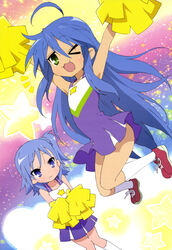  &gt;_o 2girls 3: :3 :d absurdres ahoge arms_up blue_eyes blue_hair cheerleader crossover flying_sweatdrops green_eyes highres izumi_konata jumping kneehighs legs long_hair lucky_star miyakawa-ke_no_kuufuku miyakawa_hikage mole mole_under_eye multiple_girls nyantype official_art one_eye_closed open_mouth pom_pom_(cheerleading) scan shibuya_sakae shoes short_hair side_ponytail smile sneakers socks very_long_hair white_legwear 