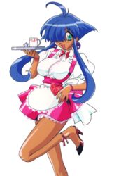  1990s_(style) ahoge aqua_eyes blue_hair cacao_(lamune) character_name clothes_writing cup dark-skinned_female dark_skin earrings female hair_over_one_eye hand_up holding holding_tray jewelry leg_up long_hair looking_at_viewer non-web_source official_art open_mouth puffy_sleeves red_footwear retro_artstyle short_hair_with_long_locks short_sleeves sidelocks skirt solo transparent_background tray underbust vs_knight_lamune_&amp;_40_fire waitress wristband 