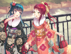  2girls :d bad_id bad_pixiv_id black_kimono blue_hair bow brown_bow day eye_contact floating_hair floral_print flower fur_trim hair_between_eyes hair_bun hair_flower hair_ornament hair_ribbon hairbow high_ponytail highres holding holding_hands japanese_clothes kimono long_hair looking_at_another love_live! love_live!_sunshine!! multiple_girls new_year obi open_mouth outdoors purple_eyes ranmaruuuu00 red_flower red_hair red_ribbon red_rose ribbon rose rose_print sakurauchi_riko sash single_hair_bun smile standing tsushima_yoshiko white_flower yellow_eyes yukata 