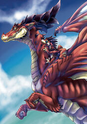  2014 age_difference ambiguous_gender bite clinging cloud dragon duo father_(lore) feral flying gweek hi_res holding_on horn looking_back membrane_(anatomy) membranous_wings mythological_creature mythological_scalie mythology neck_grab on_top outside parent_(lore) pupils red_body red_scales scales scalie scared sharp_teeth size_difference sky skyscape slit_pupils smaller_on_top smile spines teeth wide_eyed wings young young_feral 