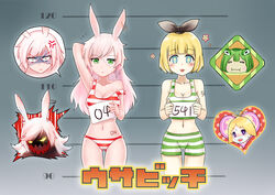  2girls absurdres angry animal_ears arm_behind_head bikini bikini_shorts black_bow blonde_hair blue_eyes bow breasts collarbone commentary_request genderswap_(mtf) green_eyes height_chart highres holding kirenenko_(usavich) komanech leningrad lineup long_hair looking_at_viewer multiple_girls number_tattoo photoshop_(medium) pink_hair putin_(usavich) rabbit_ears rule_63 short_hair shorts smile standing strap_slip striped_bikini striped_clothes swimsuit tattoo translation_request usavich w-verne 