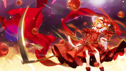  apple bad_apple!! bad_id bad_pixiv_id blonde_hair blush bobomaster commentary_request dress elly_(touhou) female food fruit full_body hat highres holding holding_scythe huge_weapon long_hair long_sleeves orange_eyes photoshop_(medium) polearm red_dress ribbon scythe short_hair solo standing touhou touhou_(pc-98) weapon white_hat 