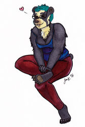  2016 5_toes ankle_on_leg ankle_on_thigh anthro arctodus arms_in_front arms_together barefoot bear bearsona_(cyberella) bent_legs biped black_body black_claws black_fur black_tail blue_clothing blue_hair blue_topwear bottomwear breasts brown_body brown_fur brown_nose brown_pawpads chest_tuft claws cleavage closed_eyes clothed clothing crossed_legs cyberella ear_piercing extended_arms eyebrows eyewear facial_markings feet female full-length_portrait fur glasses hair hand_on_ankle hand_on_leg hand_on_own_ankle hand_on_own_leg hand_on_own_shin hand_on_shin head_markings heart_reaction heart_symbol hindpaw holding_ankle holding_leg holding_raised_leg holding_shin humanoid_feet invisible_geometry leg_over_edge mammal marker_(artwork) markings medium_breasts multicolored_body multicolored_fur muzzle_(marking) off_shoulder over_edge pants pawpads paws piercing plantigrade portrait raised_leg red_bottomwear red_clothing shirt short-faced_bear short_hair short_tail signature simple_background sitting slightly_chubby smile snout snout_markings solo spectacled_bear tail tan_body tan_fur tank_top toe_claws toes topwear traditional_media_(artwork) tuft white_background 